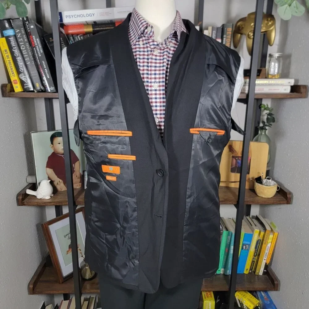 Egara Men's Sport Coat Two Button Solid Black Poly Blend EXTREME SLIM FIT Sz 48R